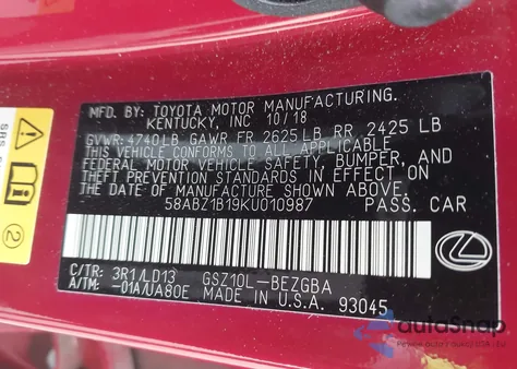 2019 Lexus Es 350 from USA, damaged, VIN 58ABZ1B19KU010987